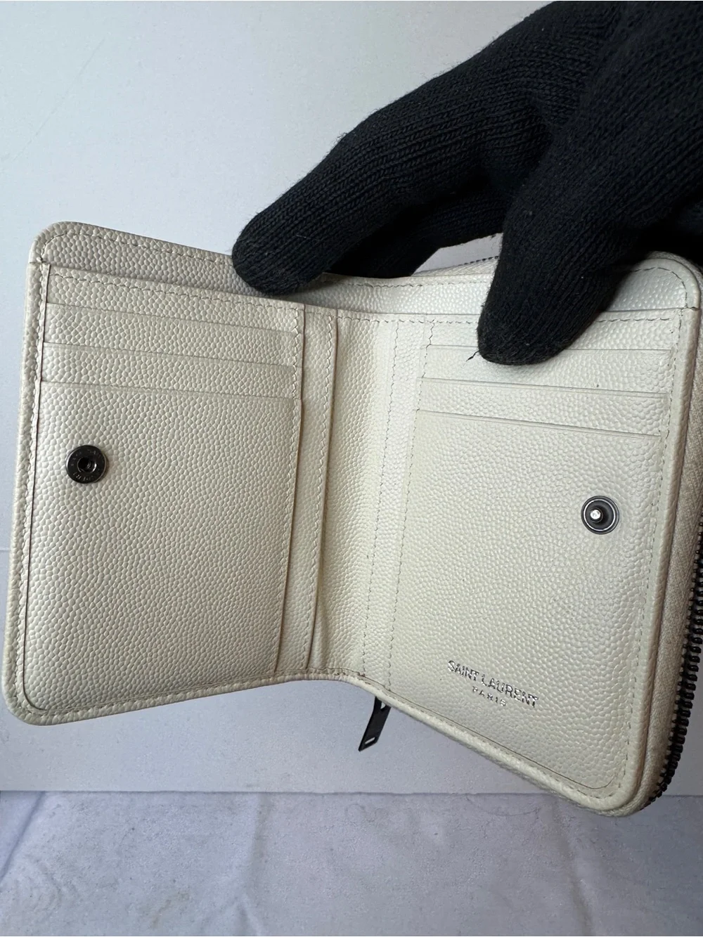 Saint Laurent Cream Quilted Leather Zip Wallet with Black Logo Trim